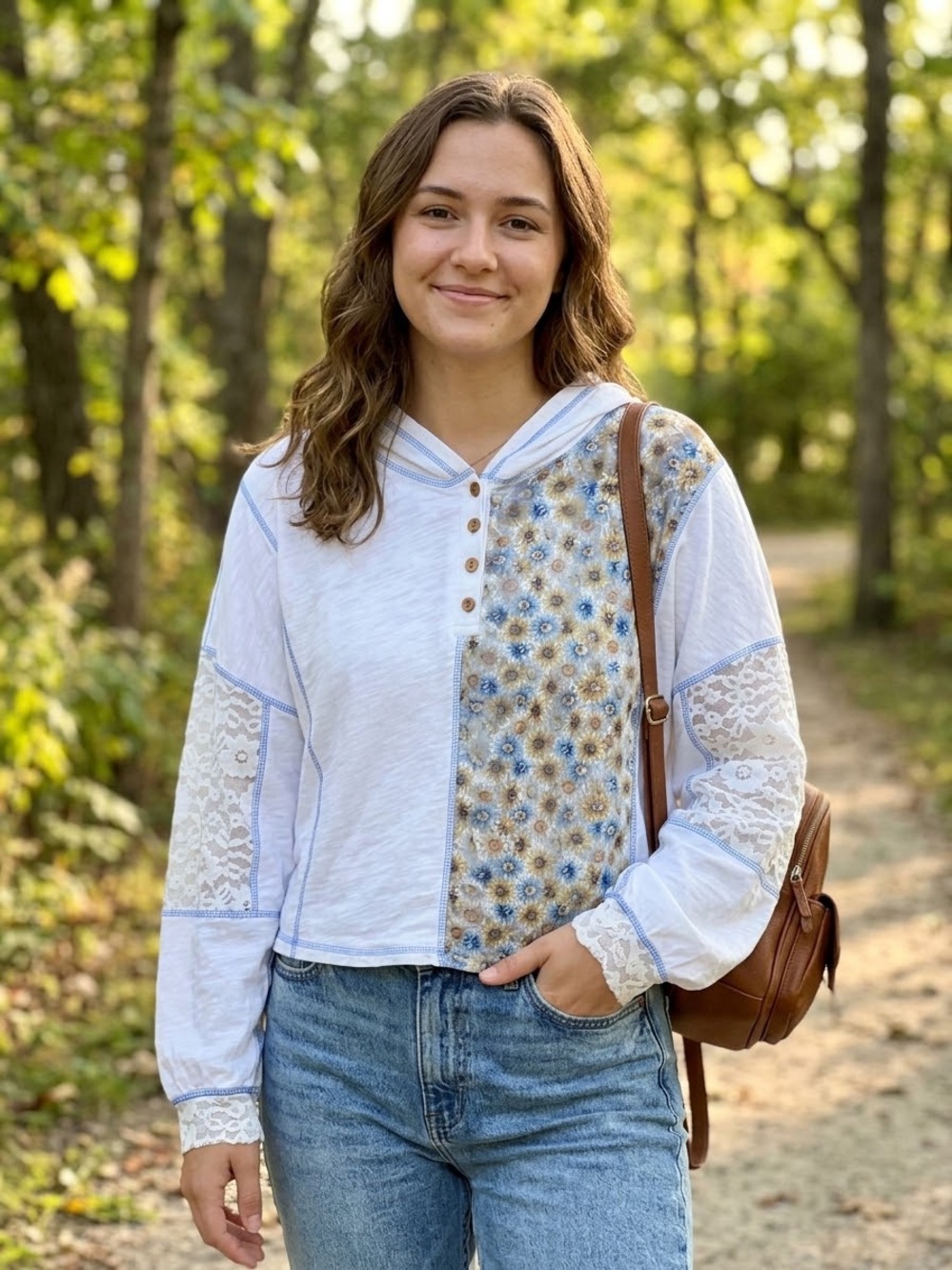 Boho Floral Lace Patchwork Hoodie Henley Top White Blue Sunflower Cottagecore M